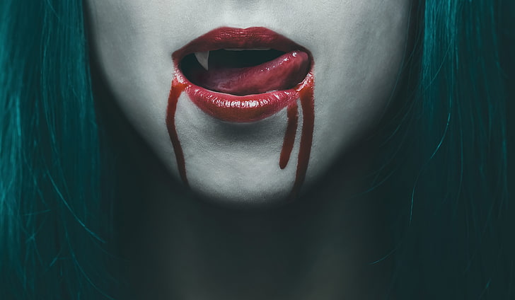 person's red lips, blood, woman, lips, vampire, Tongue, HD wallpaper
