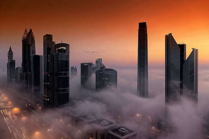 pejzaż mgła architektura uliczna światła wieżowiec Dubaj pomarańczowy zachód słońca miasto Zjednoczone Emiraty Arabskie budynek nowoczesny widok z lotu ptaka, Tapety HD