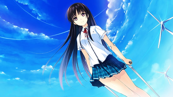 anime girls, visual novel, Habane Kotori, If My Heart Had Wings, capelli lunghi, scolara, uniforme scolastica, nuvole, anime, Sfondo HD HD wallpaper