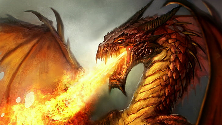 дракон, митично същество, измислен герой, митология, пламък, произведения на изкуството, дишане на огън, огън, HD тапет