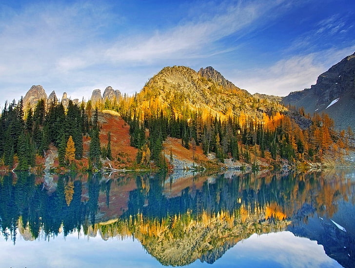 azul, lago, reflexão, estado de Washington, luz solar, montanhas, floresta, natureza, paisagem, HD papel de parede
