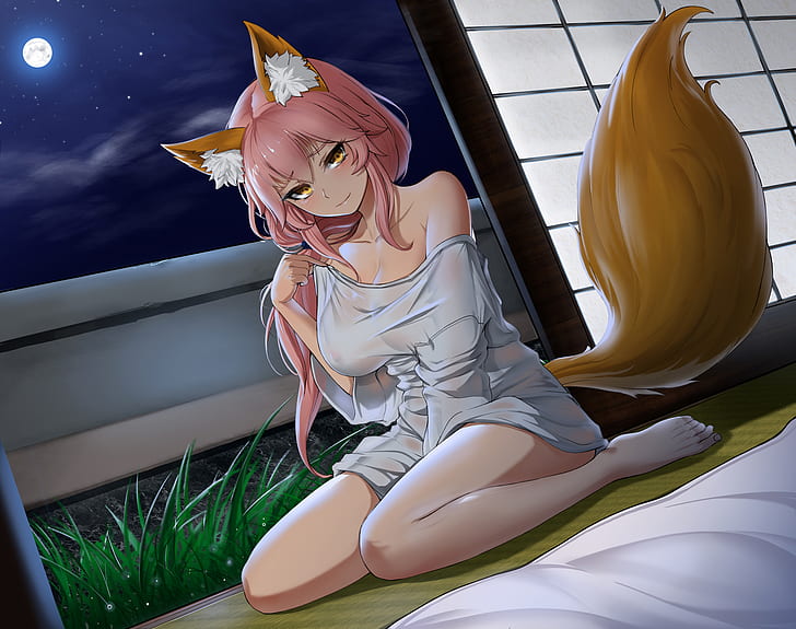 Tamamo no Mae (fate/grand order), animal ears, barefoot, bed, cleavage, clouds, tail, yellow eyes, pink hair, ponytail, HD wallpaper