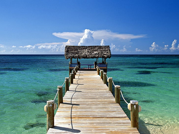 New Providence Island Bahamas HD, brown wood dock, beach, new, island, bahamas, providence, HD wallpaper