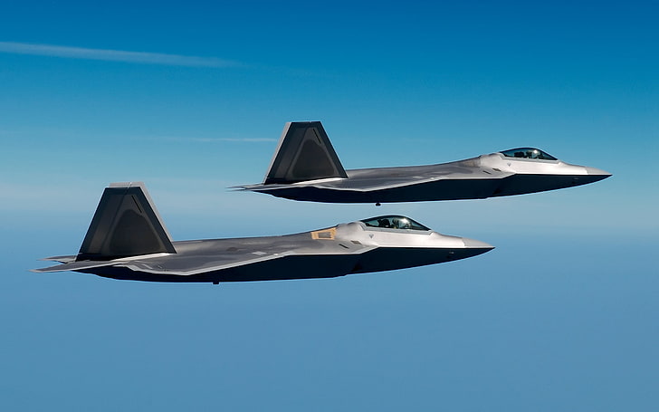 два сиви изтребителни самолета, F-22 Raptor, военен самолет, самолет, ВВС на САЩ, HD тапет