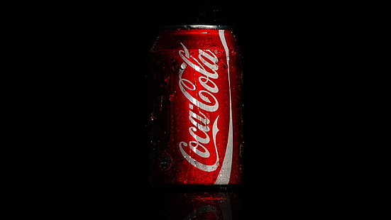 Coca-Cola soda can, drops, macro, coca-cola, Cola, HD wallpaper HD wallpaper