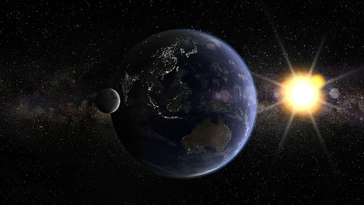 bumi, matahari, bulan, bola dunia, planet, ruang, Wallpaper HD