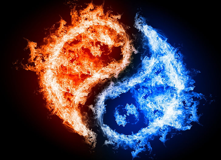 ilustracja yin yang, woda, ogień, postacie, filozofia, wschód, Yin i Yang, Tapety HD