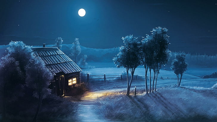 moon, night, nature, house, trees, HD wallpaper