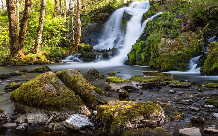 Красив водопад Fana Kulturpark Норвегия Скали дървета храсти. Зелен мъх Пейзаж Природа Hd Тапети за настолни мобилни телефони и лаптоп 3840 × 2400, HD тапет