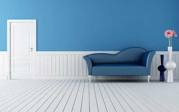 Модерен диван дизайн, чакалня, фон, син диван, мебели за стая, HD тапет