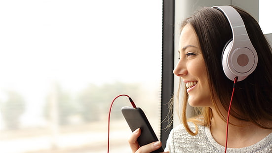 mujer, auriculares, teléfono, escuchando música, Fondo de pantalla HD HD wallpaper