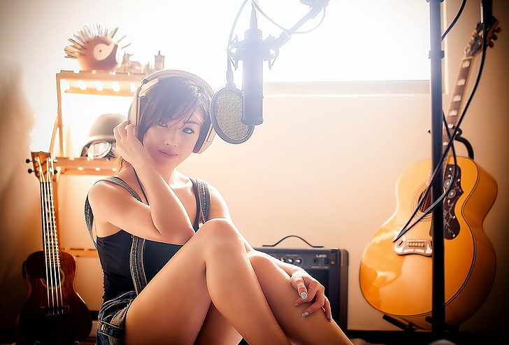 girl, guitar, headphones, microphone, HD wallpaper