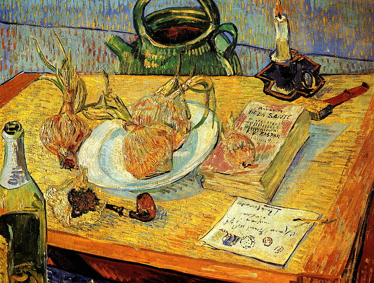 list, stół, świeca, zapałki, tuba, czajnik, kokarda, książka, Vincent van Gogh, Fajka, Szampanskoe, Deska do rysowania martwej natury, Cebula i wosk uszczelniający, Tapety HD