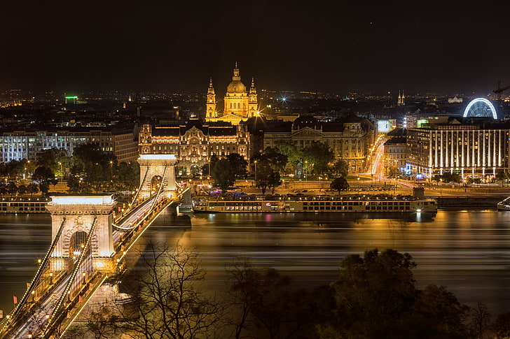 Budapeszt, noc, most, pejzaż miejski, Donau, Most Łańcuchowy, długa ekspozycja, Węgry, Tapety HD