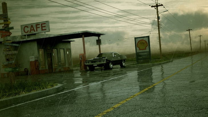 Dodge Charger in una stazione di benzina sotto la pioggia, autostrada, stazione di benzina, pioggia, automobili, Sfondo HD