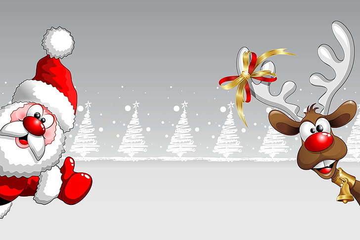 Santa Claus and reindeer digital wallpaper, deer, New Year, Christmas, Santa Claus, postcard, HD wallpaper
