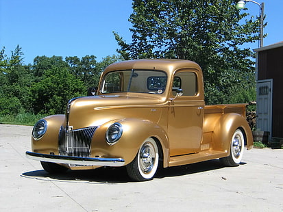 1940フォードピックアップトラックレトロホットロッドロッドローライダーローライダー、ゴールドシングルタクシーピックアップトラック、1940、フォード、ローライダー、ローライダー、ピックアップ、レトロ、ロッド、トラック、 HDデスクトップの壁紙 HD wallpaper