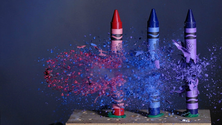 three assorted-color broken crayons, crayons, ammunition, freeze frame, shattered, HD wallpaper