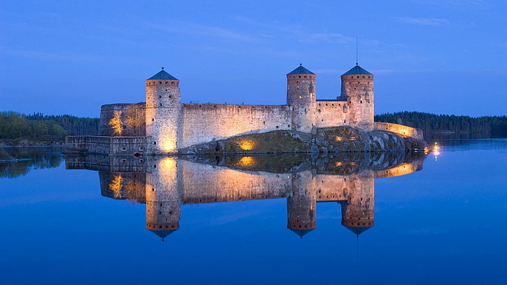 castillo, Finlandia, reflejo, agua, Olavinlinna, Santa.Castillo de Olaf, Suomi, lago, aguas tranquilas, azul, tarde, Fondo de pantalla HD