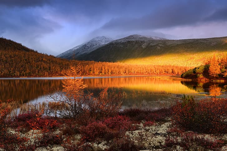 осень, пейзаж, горы, природа, растительность, лес, Колыма, Максим Евдокимов, озеро Джека Лондона, HD обои