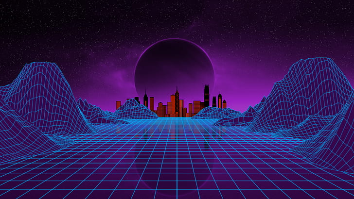 synthwave, Retrowave, grid, mountains, city, HD wallpaper