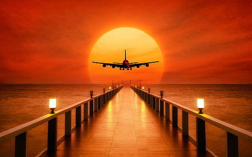 Airplane Sunset Takeoff, sunset, Takeoff, Airplane, HD wallpaper HD wallpaper
