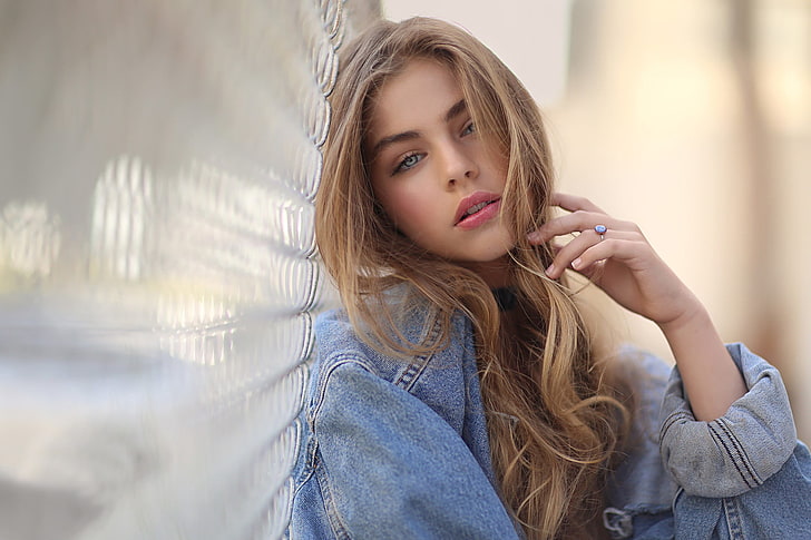 fence, blonde, face, portrait, women, hair in face, pink lipstick, blue eyes, open mouth, jeans jacket, long hair, looking at viewer, jade weber, HD wallpaper
