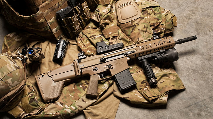 conjunto de fuzil de airsoft marrom e preto, FN SCAR, fuzil de assalto, fuzil modular, FN Herstal, granada de mão, militar, munição, uniforme, HD papel de parede