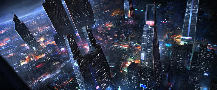 Pandangan Mata Burung, Cityscape, Futuristik, malam, Wallpaper HD