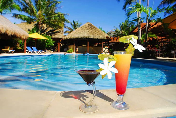 Cocktails am Pool, Insel, Smoothies, Getränke, Schwimmen, exotisch, Hotel, Cocktails, tropisch, Plumeria, Resort, Blumen, Tahiti, Poly, HD-Hintergrundbild