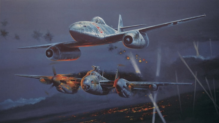 две серые истребители иллюстрации, произведения искусства, самолеты, военные, Вторая мировая война, Messerschmitt Me 262, De Havilland DH98 Mosquito, HD обои