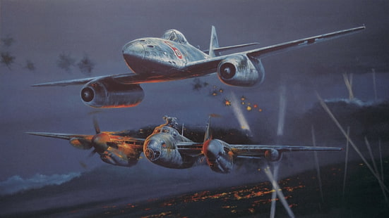 две серые истребители иллюстрации, произведения искусства, самолеты, военные, Вторая мировая война, Messerschmitt Me 262, De Havilland DH98 Mosquito, HD обои HD wallpaper