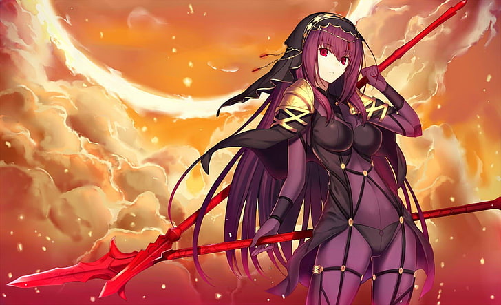 женский аниме-персонаж с фиолетовыми волосами держит два копья: Fate / Grand Order, Scathach (Fate / Grand Order), Lancer (Fate / Grand Order), HD обои