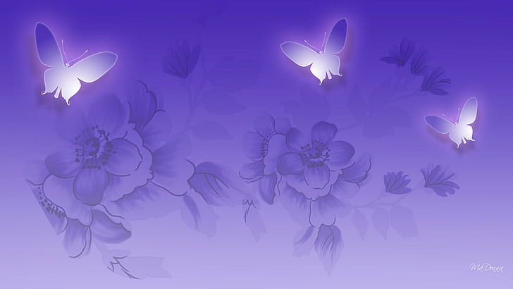 Purple Majesty, firefox persona, lilac, butteflies, purple, glow, lavender, transparent, flowers, 3d and abstract, HD wallpaper