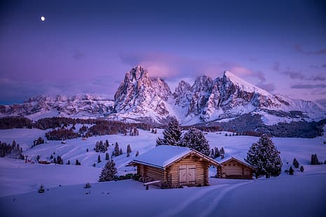 musim dingin, salju, pegunungan, lembah, desa, Italia, rumah, The Dolomites, South Tyrol, Dolomites, Alpe Di Siusi / Seiser Alm, tundra gunung, The Alpe di Siusi, Wallpaper HD HD wallpaper