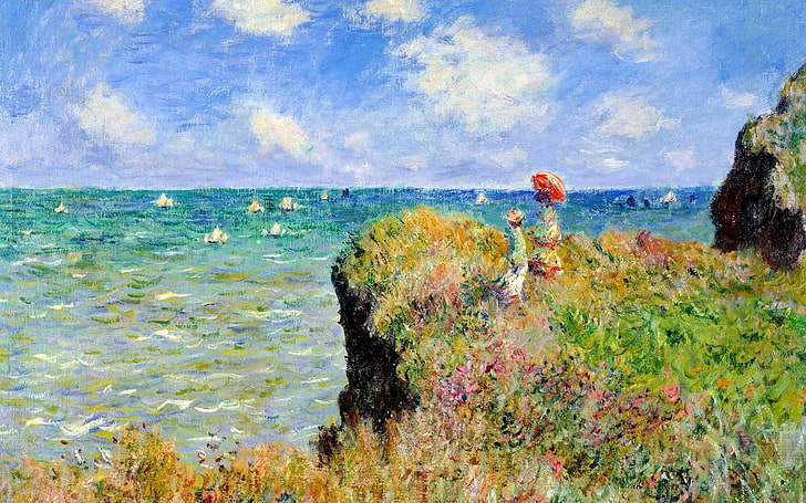 dipinto di due persone sulla scogliera, pittura, mare, scogliera, Claude Monet, Francia, parasole, arte classica, Sfondo HD