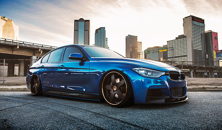 blue BMW 4-Series sedan, BMW, blue, 335i, stance, f30, frontside, HD wallpaper