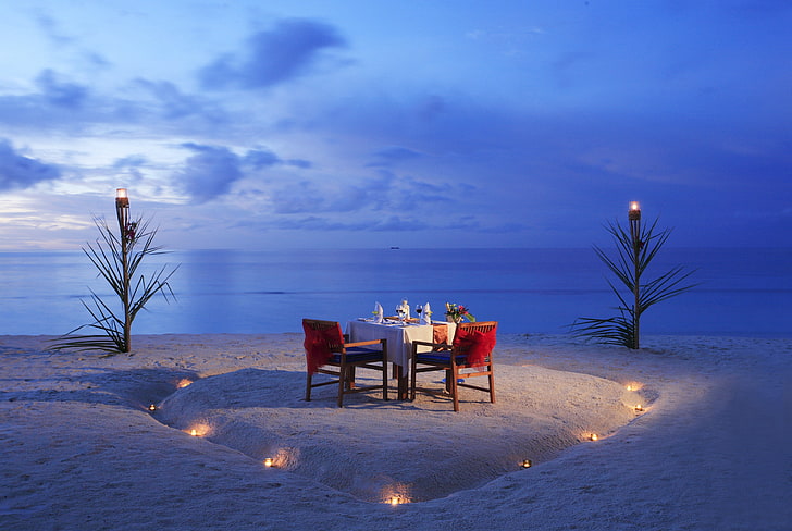 two red chairs, beach, the ocean, romance, the evening, candles, ocean, sunset, view, romantic, dinner, HD wallpaper