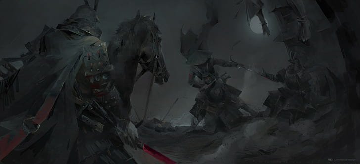arte digital, obra de arte, arte da fantasia, cavalo, samurai, escuro, espada, fantasia escura, HD papel de parede