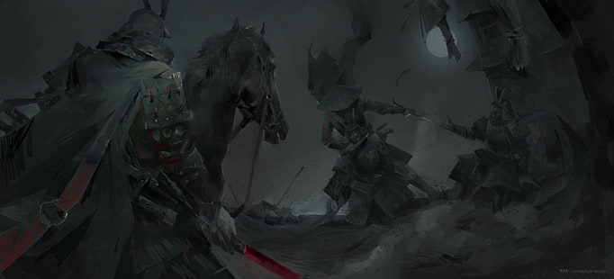 цифровое искусство, произведение искусства, фэнтези-арт, лошадь, самурай, темнота, меч, темная фантазия, HD обои HD wallpaper