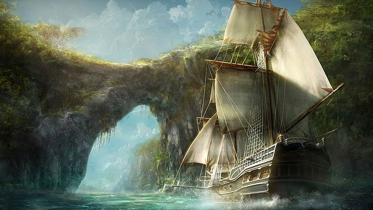 ilustrasi kapal galleon putih dan coklat, kapal tua, kapal, batu, air, teluk, bajak laut, Karibia, seni digital, Wallpaper HD