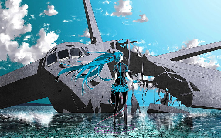 tagsüber graues Flugzeug zerstört, Anime, Anime Girls, Vocaloid, Hatsune Miku, Twintails, HD-Hintergrundbild