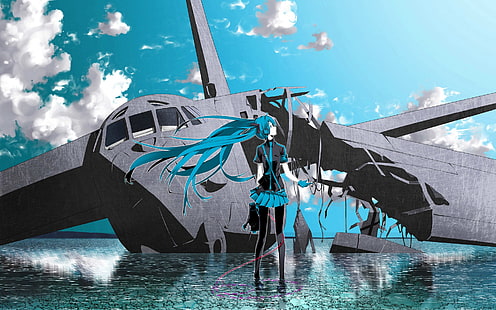 разрушен сив самолет през деня, аниме, аниме момичета, Vocaloid, Hatsune Miku, twintails, HD тапет HD wallpaper