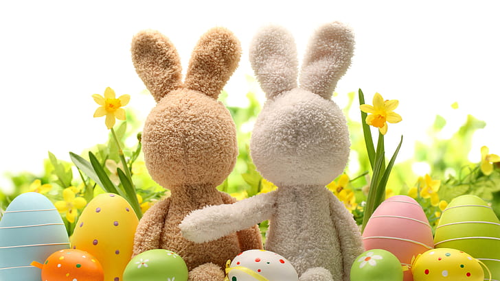 Happy Easter, eggs, decoration, rabbit, flowers, Happy, Easter, Eggs, Decoration, Rabbit, Flowers, HD wallpaper