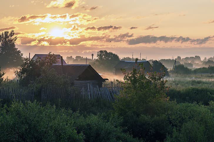 夜明け、朝、ヤロスラヴリ州、ロシアの村、サヴィンスカヤ、アンドレイ・グバノフ、 HDデスクトップの壁紙