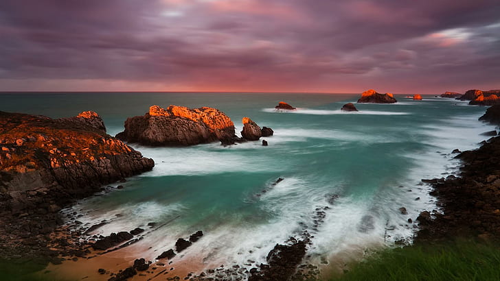 Fabulous Sunset In Cantabria Spain, rocks, coast, clouds, sunset, nature and landscapes, HD wallpaper