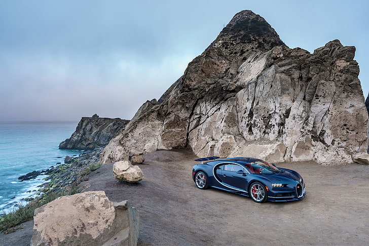 черно Bugatti Chiron спортно купе, bugatti, chiron, синьо, страничен изглед, HD тапет