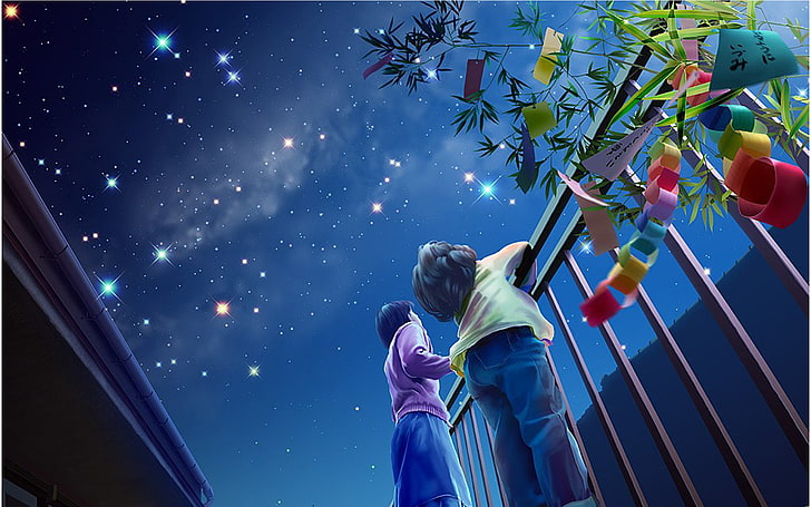 星空の夜空を見つめる二人の子供のイラスト、夜、子供、休日、星空、加賀谷裕、 HDデスクトップの壁紙