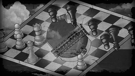 optical illusion, monochrome, chess, board games, pawns, curtains, drawing, artwork, clouds, HD wallpaper HD wallpaper