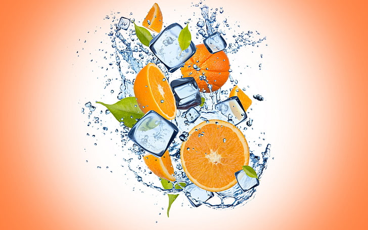 plasterek pomarańczy i kostek lodu ilustracja, pomarańcza, cytrusy, lód, spray, Tapety HD